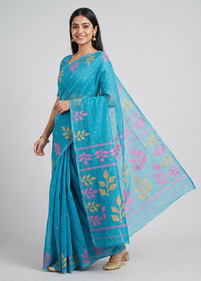 Blue Khadi Cotton Saree With Blouse Piece