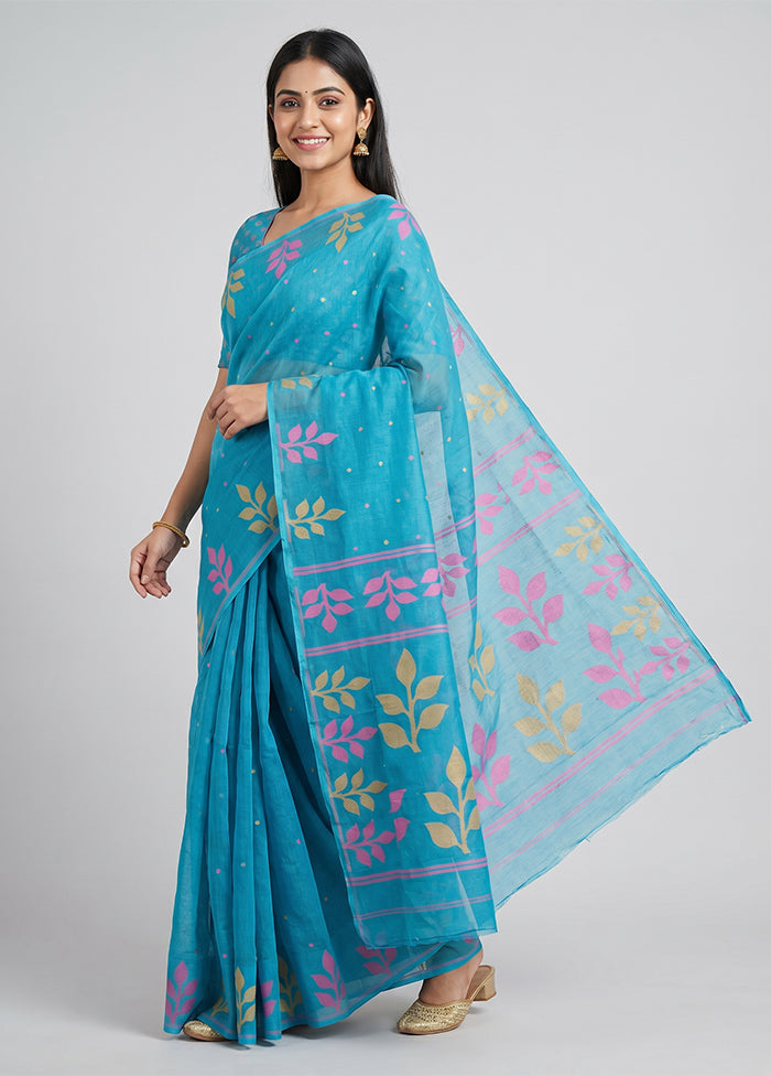 Blue Khadi Cotton Saree With Blouse Piece