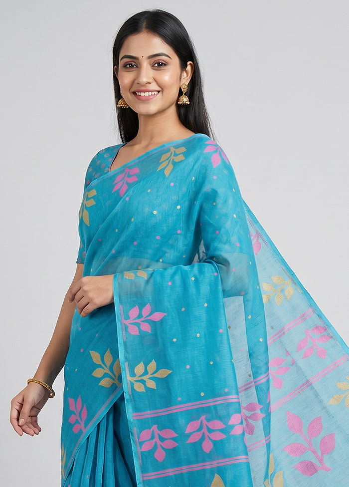 Blue Khadi Cotton Saree With Blouse Piece