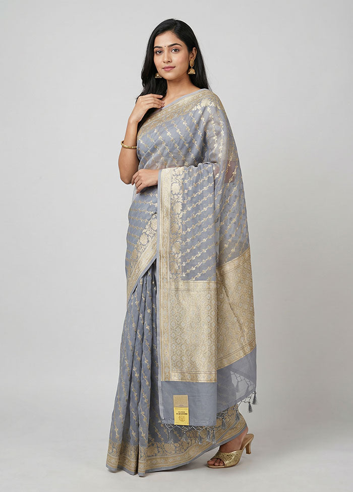 Grey Kora Silk Saree With Blouse Piece