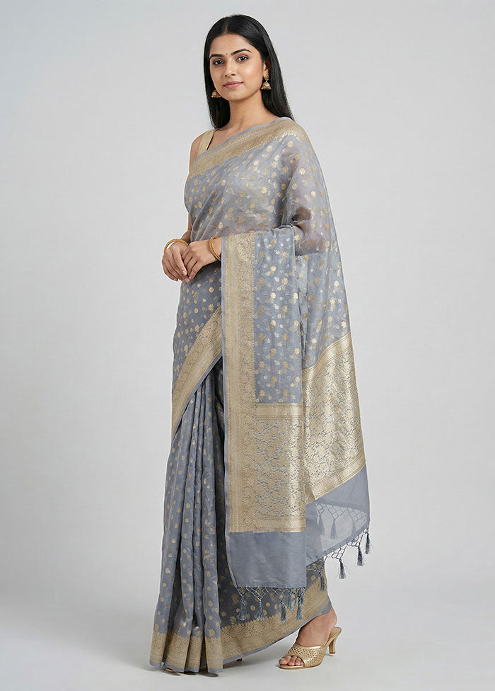 Grey Kora Silk Saree With Blouse Piece