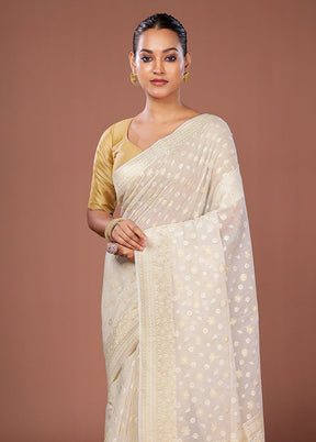 Cream Kora Silk Saree With Blouse Piece