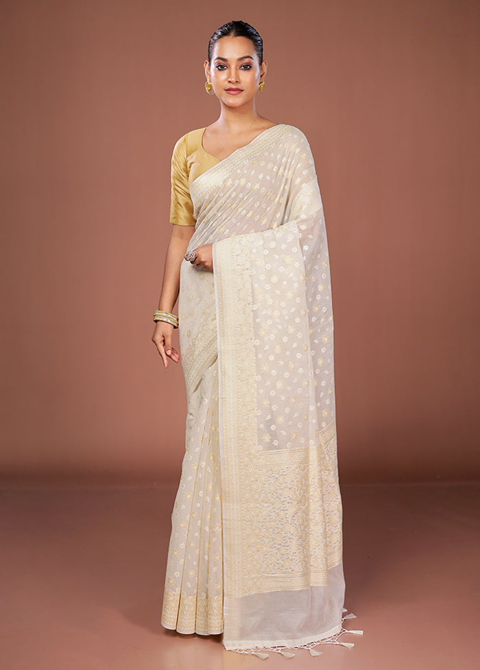 Cream Kora Silk Saree With Blouse Piece