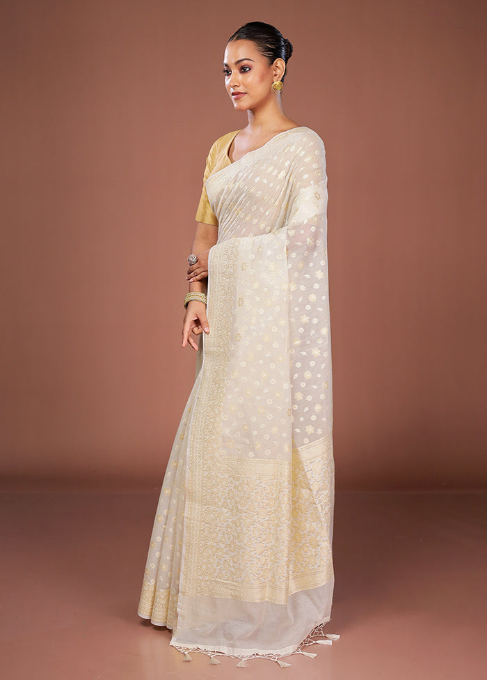 Cream Kora Silk Saree With Blouse Piece