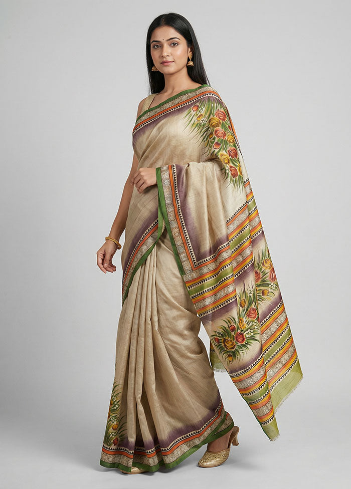 Cream Printed Silk Saree Without Blouse Piece