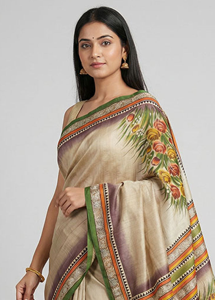 Cream Printed Silk Saree Without Blouse Piece
