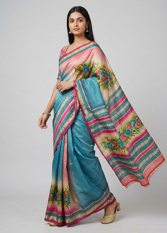 Blue Printed Silk Saree Without Blouse Piece