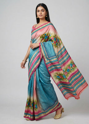 Blue Printed Silk Saree Without Blouse Piece