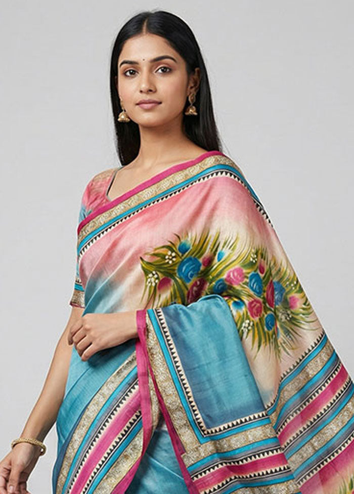 Blue Printed Silk Saree Without Blouse Piece
