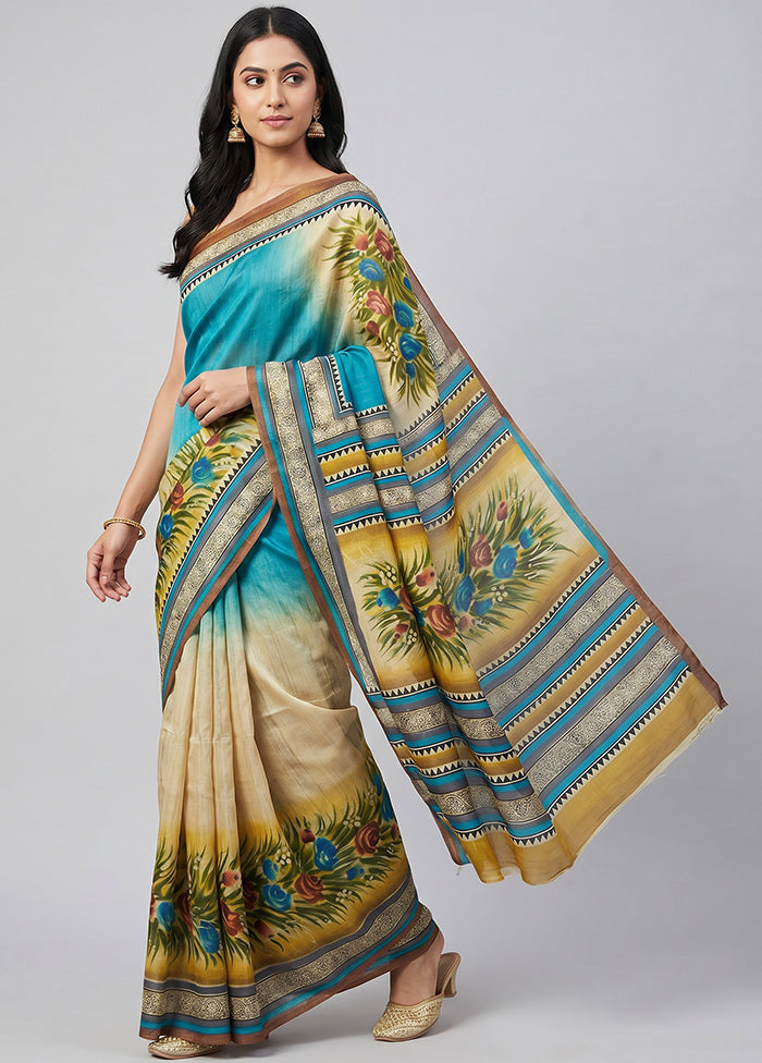 Blue Printed Silk Saree Without Blouse Piece
