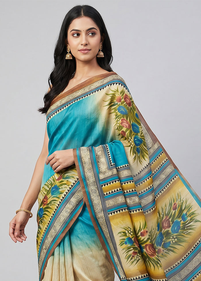 Blue Printed Silk Saree Without Blouse Piece