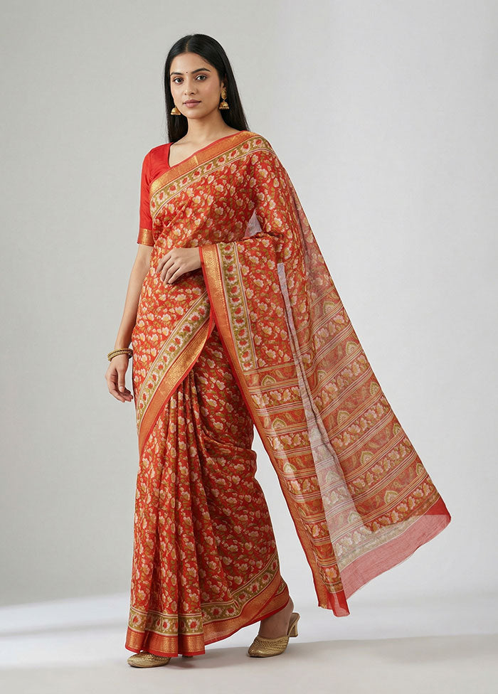 Red Printed Silk Saree Without Blouse Piece