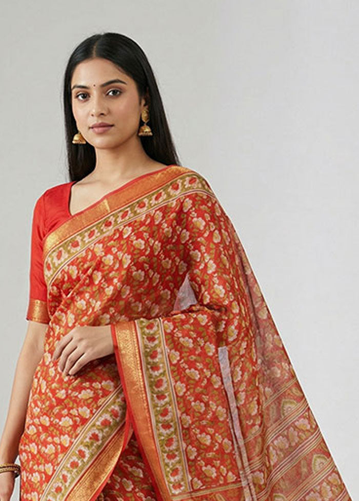 Red Printed Silk Saree Without Blouse Piece