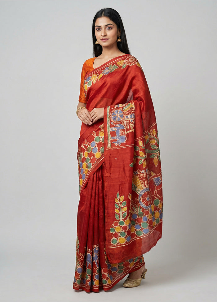 Multicolor Handloom Tussar Pure Silk Saree With Blouse Piece