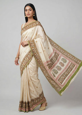 Cream Handloom Tussar Pure Silk Saree With Blouse Piece
