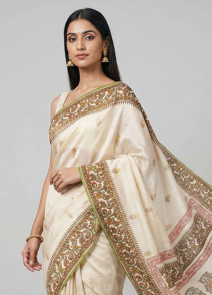 Cream Handloom Tussar Pure Silk Saree With Blouse Piece