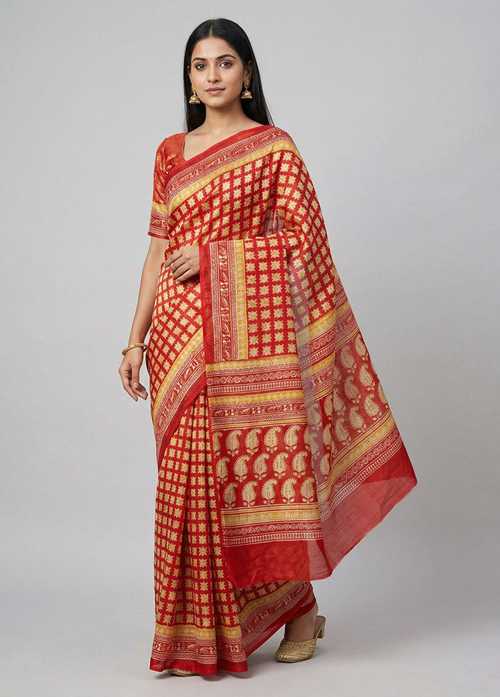 Red Printed Silk Saree Without Blouse Piece