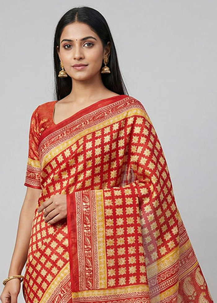 Red Printed Silk Saree Without Blouse Piece