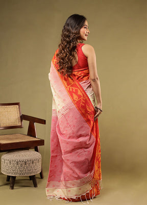 White Khadi Cotton Saree With Blouse Piece