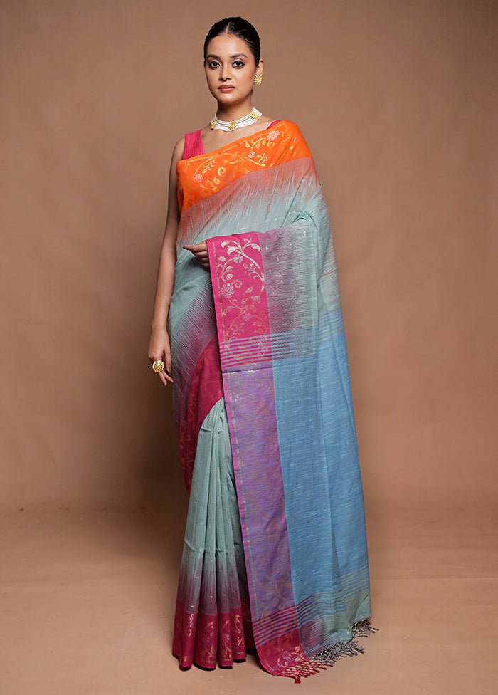Green Cotton Saree With Blouse Piece