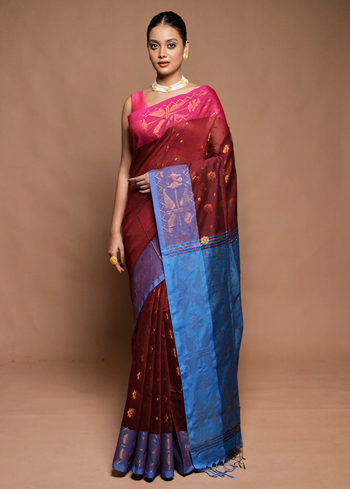 Maroon Cotton Saree With Blouse Piece