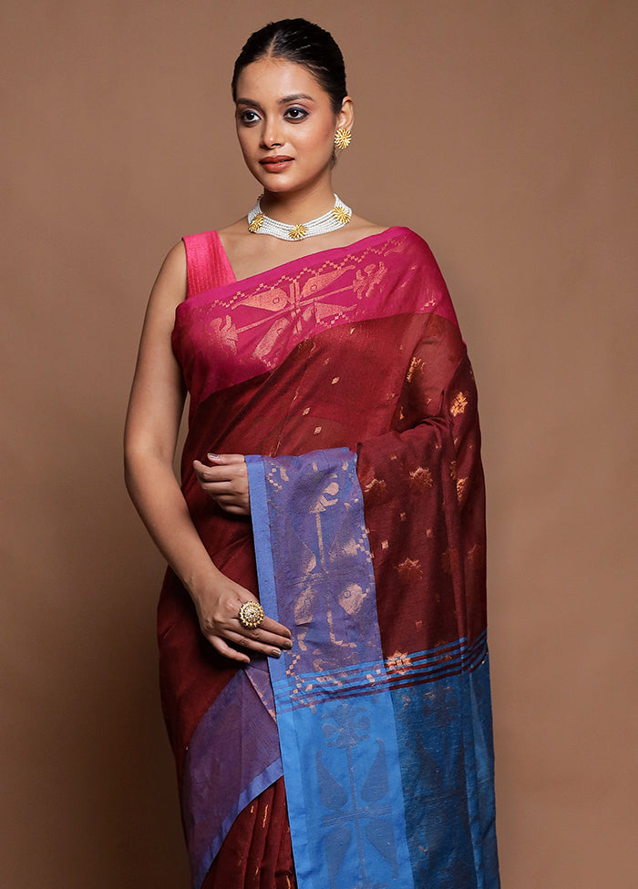 Maroon Cotton Saree With Blouse Piece