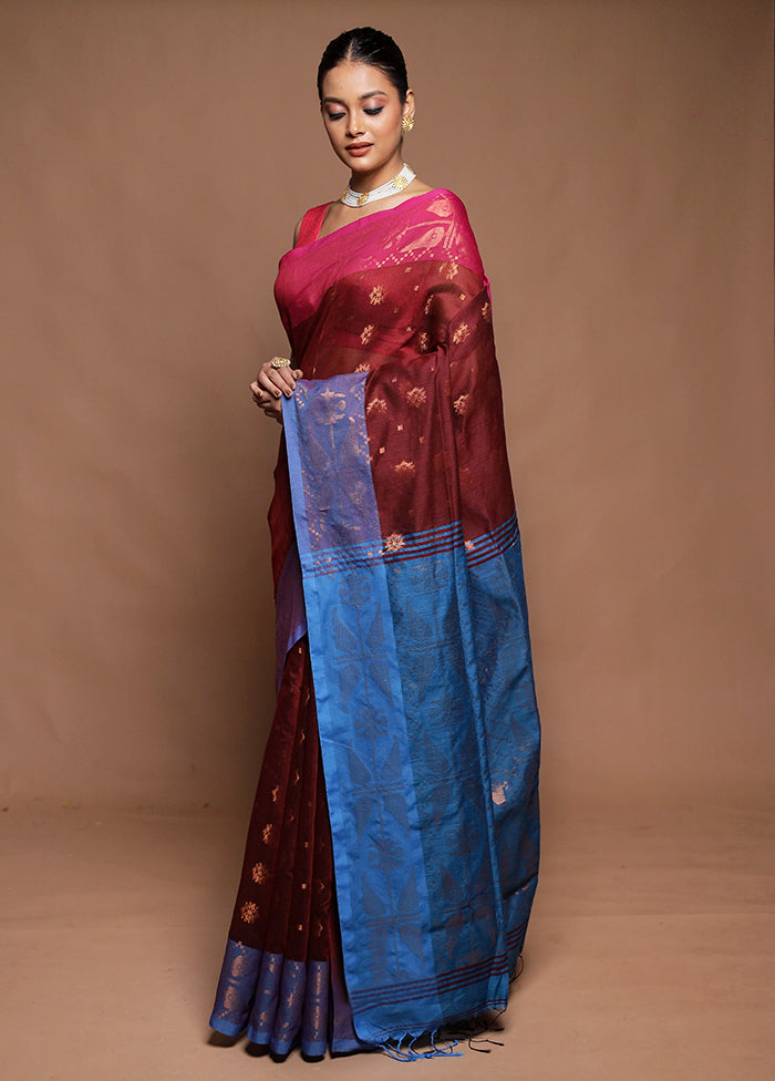 Maroon Cotton Saree With Blouse Piece