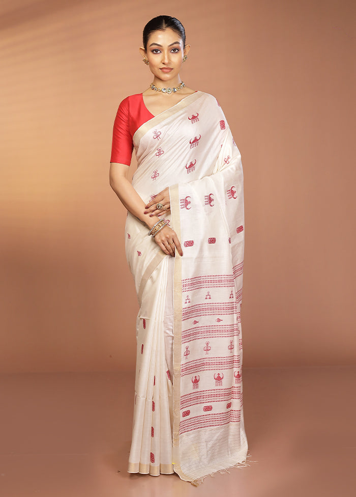 White Handloom Tussar Pure Silk Saree With Blouse Piece