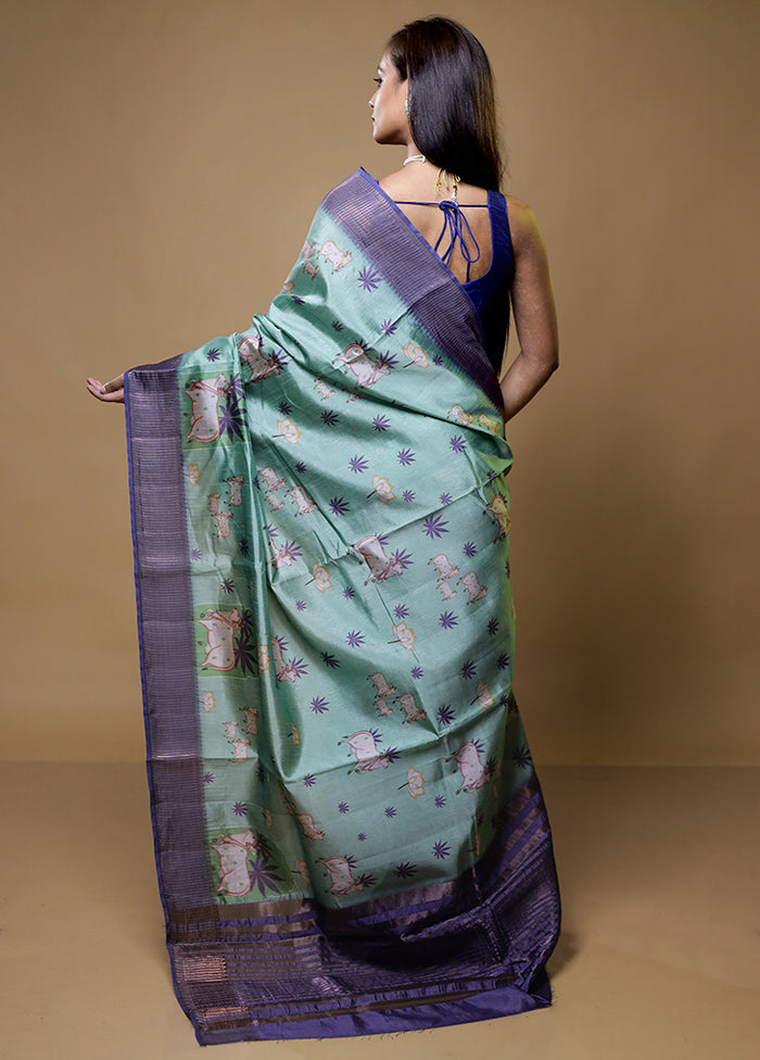 Green Dupion Silk Saree With Blouse Piece