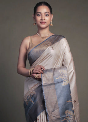 Cream Handloom Tussar Pure Silk Saree With Blouse Piece