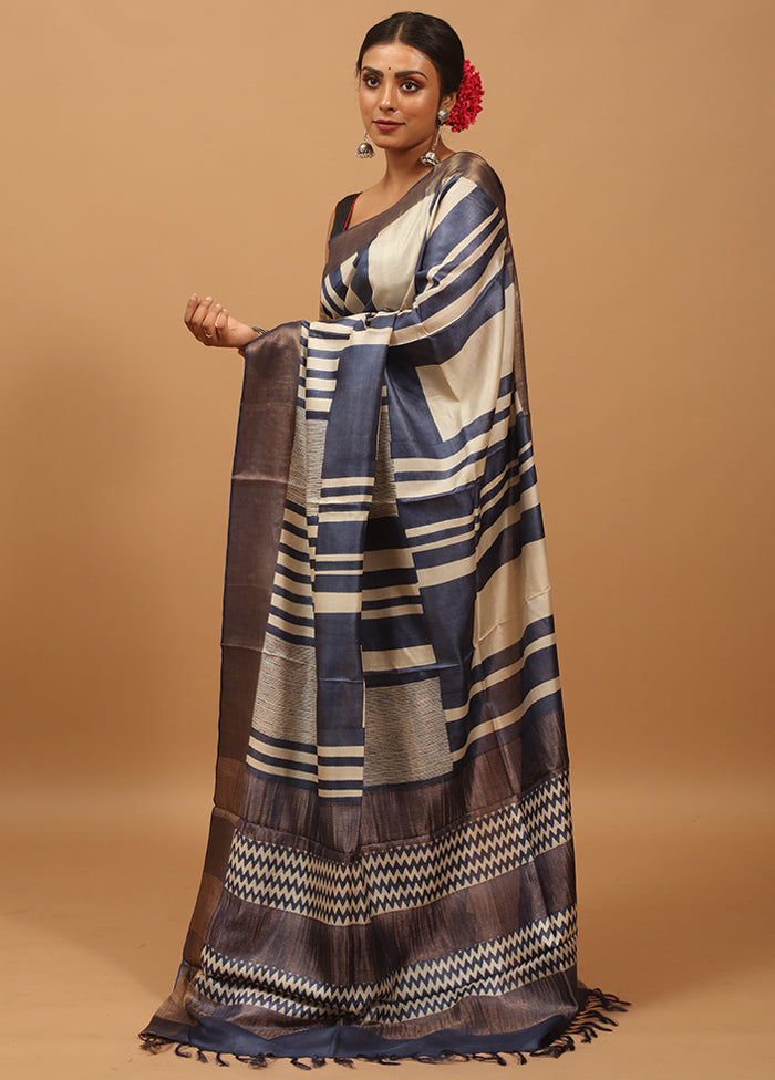 Cream Handloom Tussar Pure Silk Saree With Blouse Piece