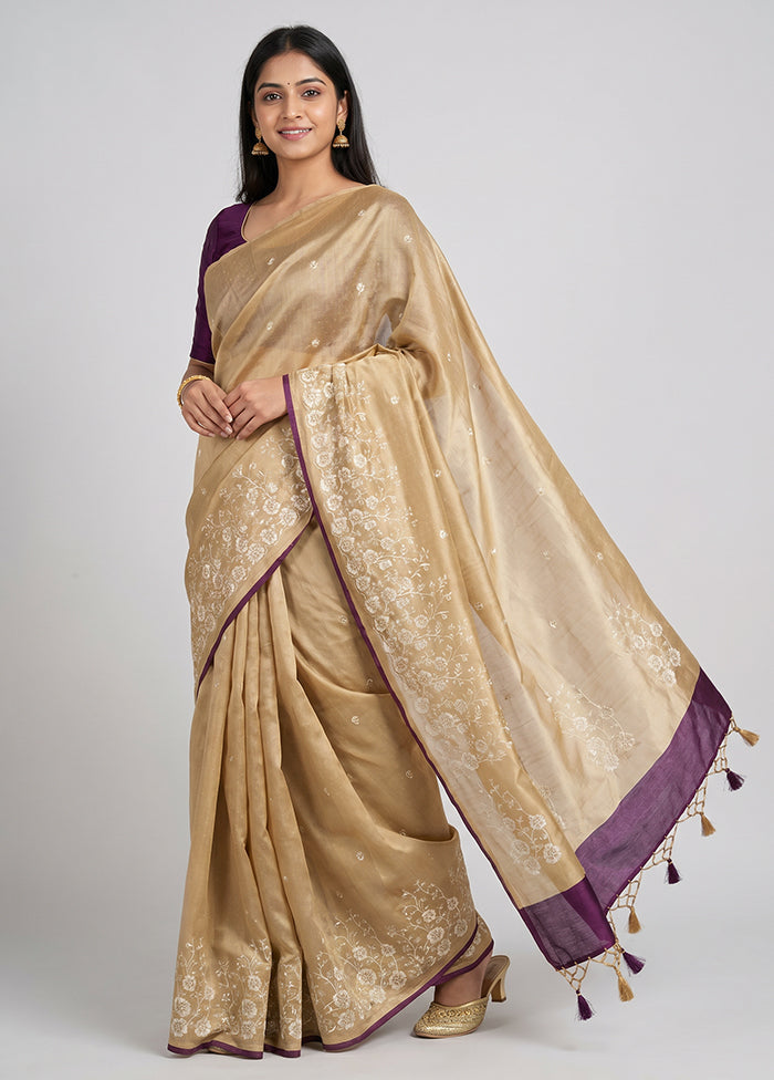 Cream Tussar Silk Saree With Blouse Piece