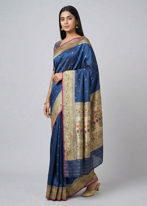 Blue Handloom Katan Pure Silk Saree With Blouse Piece