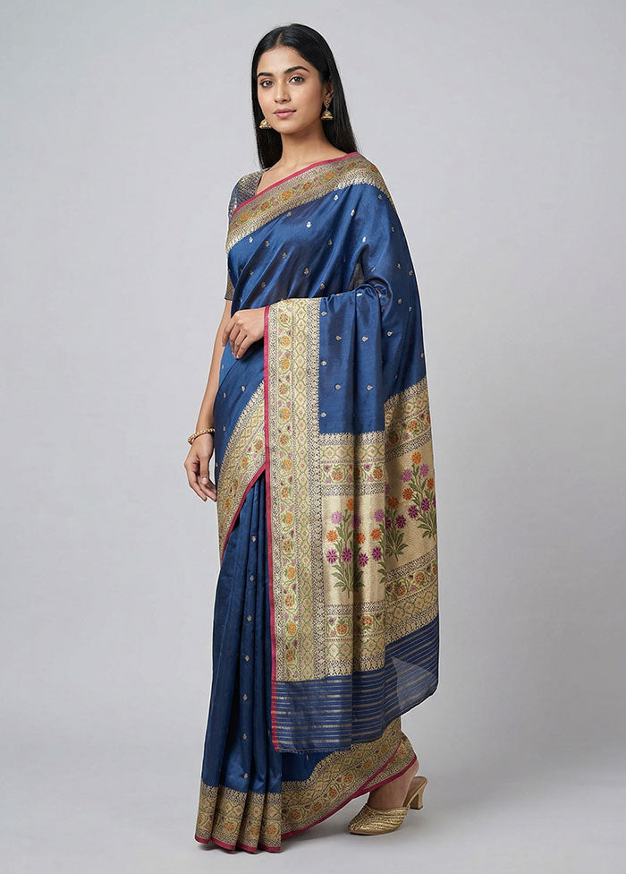 Blue Handloom Katan Pure Silk Saree With Blouse Piece