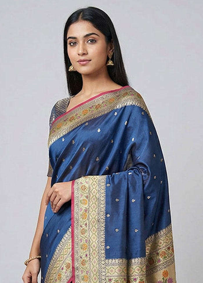 Blue Handloom Katan Pure Silk Saree With Blouse Piece
