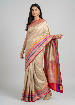 Cream Handloom Katan Pure Silk Saree With Blouse Piece