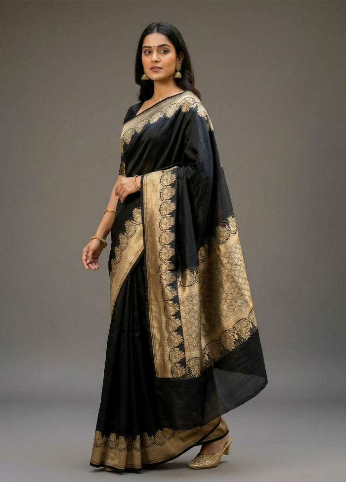 Black Handloom Banarasi Pure Silk Saree With Blouse Piece