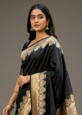 Black Handloom Banarasi Pure Silk Saree With Blouse Piece