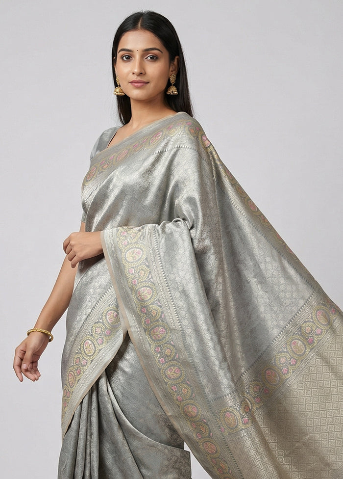 Grey Kanjivaram Silk Saree With Blouse Piece
