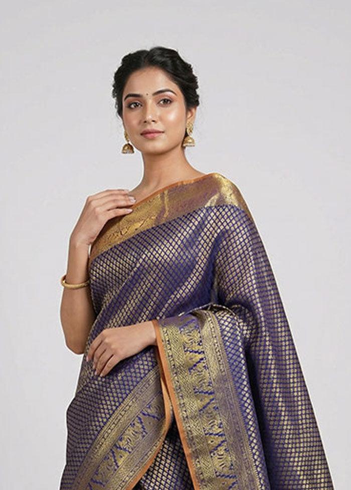 Blue Kanjivaram Silk Saree With Blouse Piece