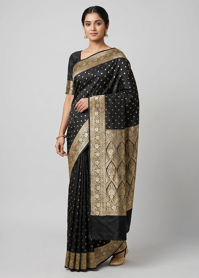 Black Handloom Banarasi Pure Silk Saree With Blouse Piece