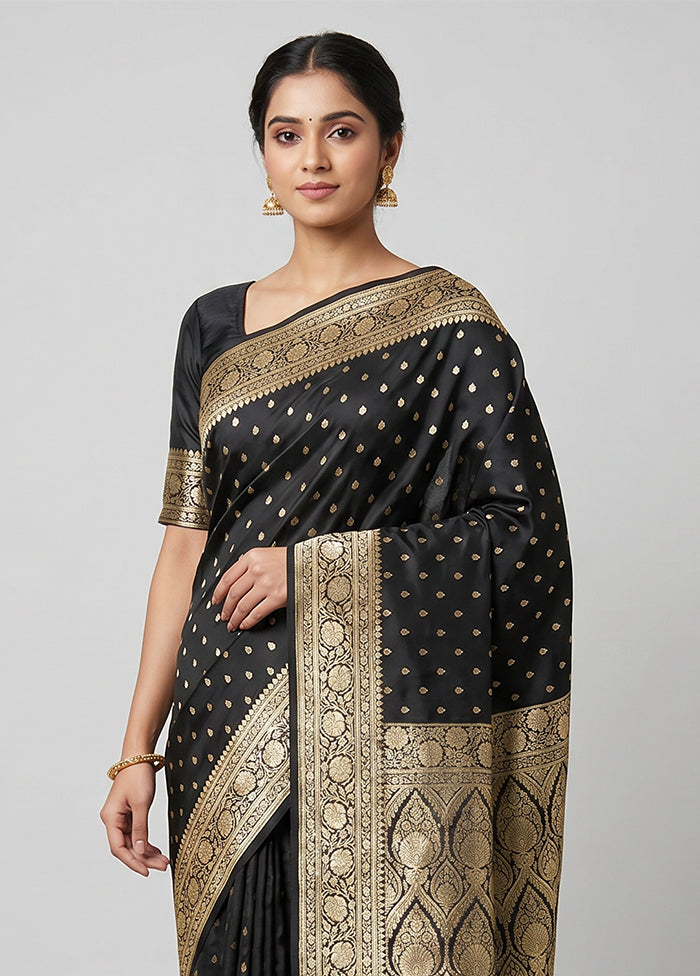Black Handloom Banarasi Pure Silk Saree With Blouse Piece