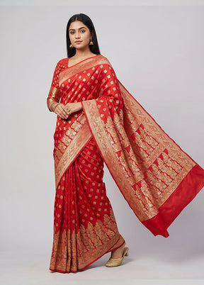 Red Banarasi Silk Saree With Blouse Piece