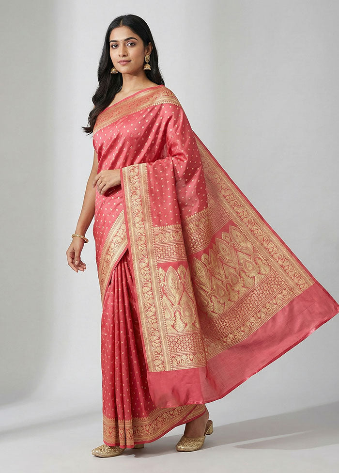 Pink Handloom Banarasi Pure Silk Saree With Blouse Piece