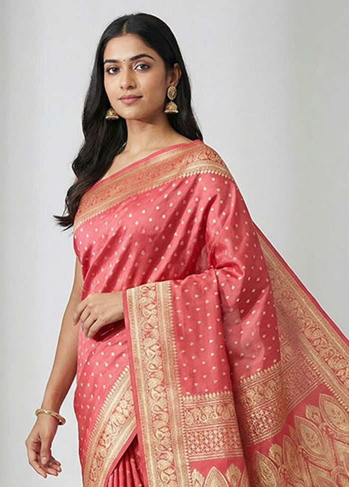 Pink Handloom Banarasi Pure Silk Saree With Blouse Piece