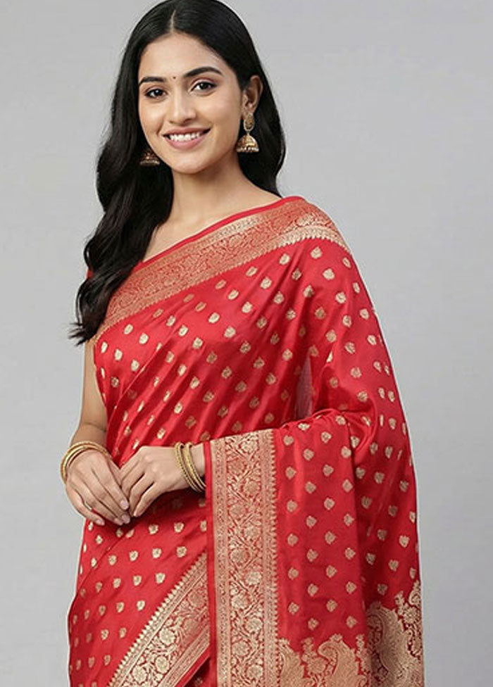 Red Handloom Banarasi Pure Silk Saree With Blouse Piece