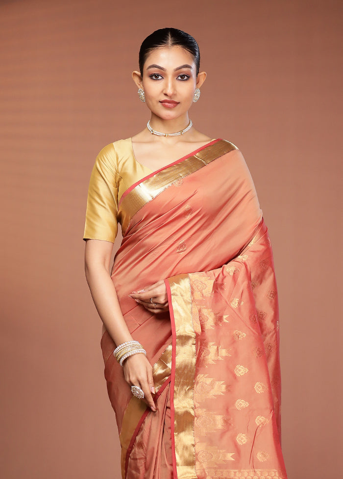 Rust Kanjivaram Silk Saree With Blouse Piece