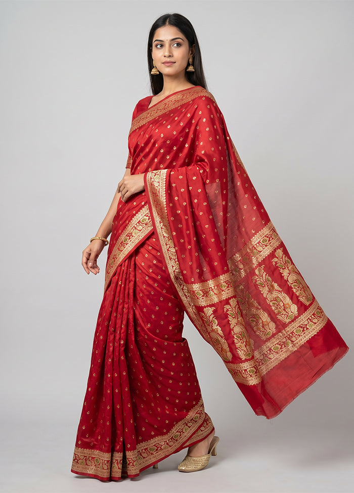 Red Handloom Banarasi Pure Silk Saree With Blouse Piece