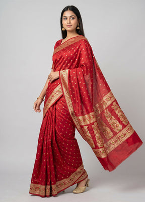 Red Handloom Banarasi Pure Silk Saree With Blouse Piece