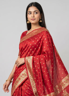 Red Handloom Banarasi Pure Silk Saree With Blouse Piece